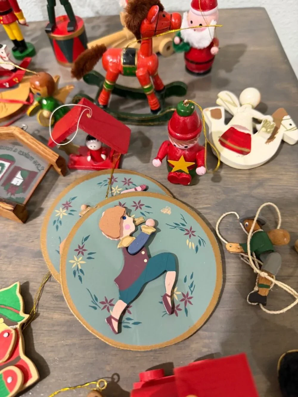 Vintage Wooden Christmas Ornaments Lot 35 Rocking Horses Soldiers Santa Ducks
